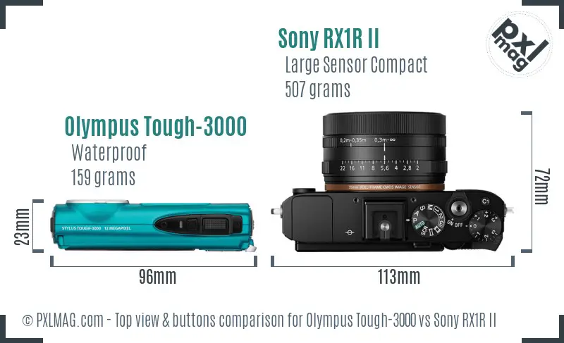 Olympus Tough-3000 vs Sony RX1R II top view buttons comparison