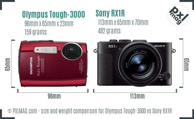 Olympus Tough-3000 vs Sony RX1R size comparison