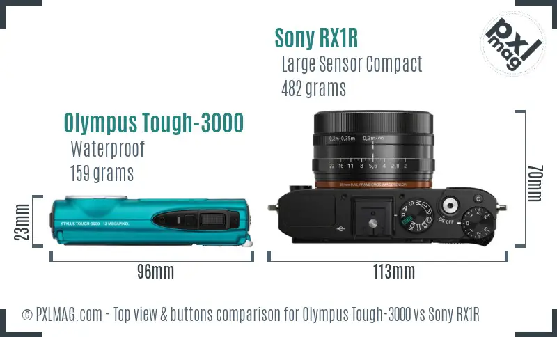 Olympus Tough-3000 vs Sony RX1R top view buttons comparison