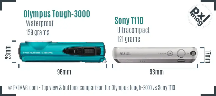 Olympus Tough-3000 vs Sony T110 top view buttons comparison