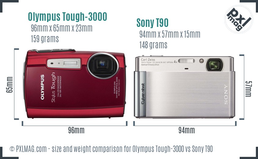 Olympus Tough-3000 vs Sony T90 size comparison