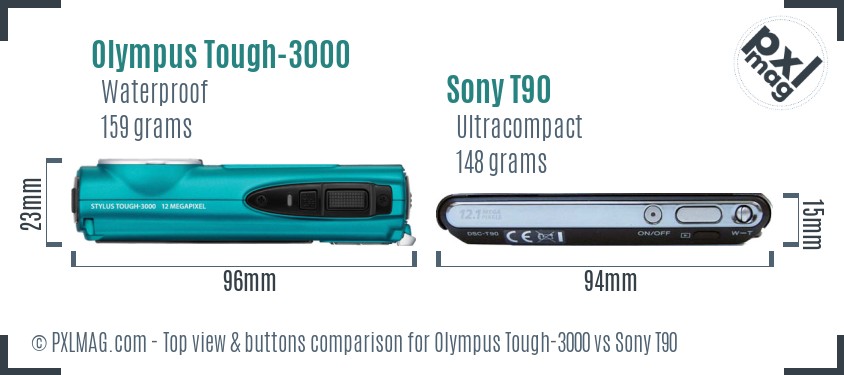 Olympus Tough-3000 vs Sony T90 top view buttons comparison