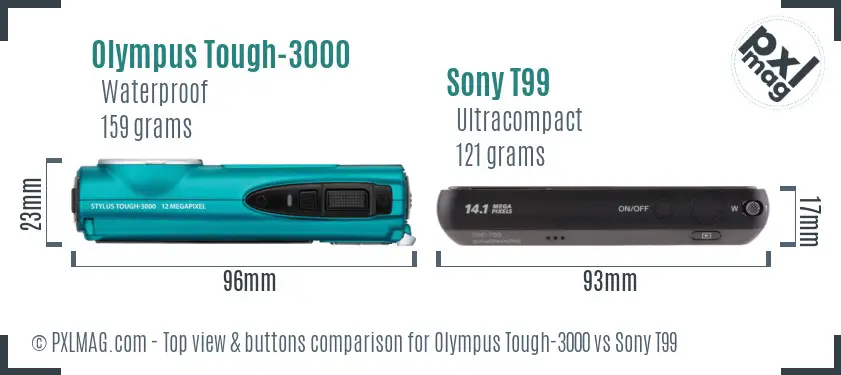 Olympus Tough-3000 vs Sony T99 top view buttons comparison