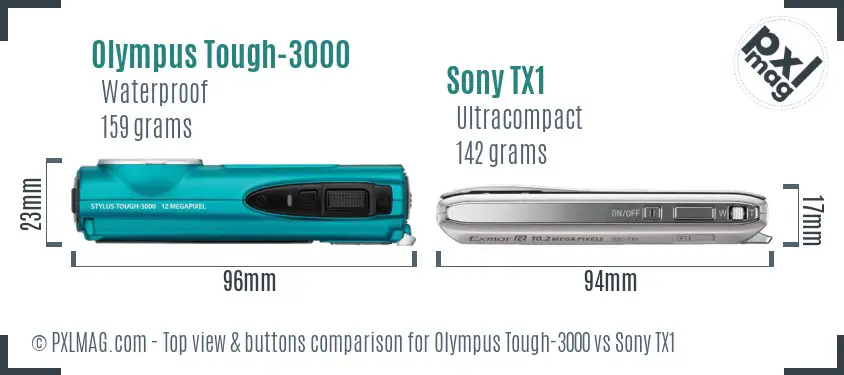 Olympus Tough-3000 vs Sony TX1 top view buttons comparison