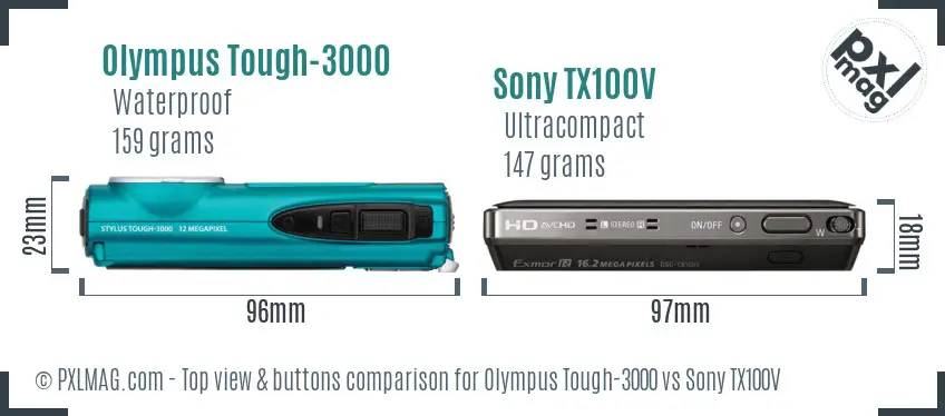 Olympus Tough-3000 vs Sony TX100V top view buttons comparison