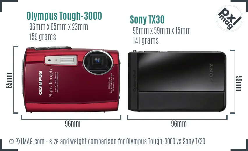 Olympus Tough-3000 vs Sony TX30 size comparison