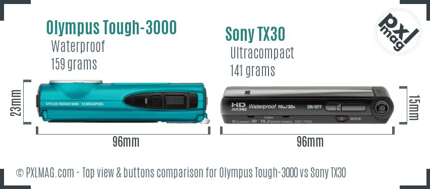 Olympus Tough-3000 vs Sony TX30 top view buttons comparison