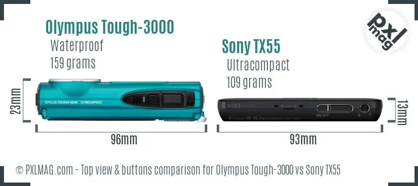 Olympus Tough-3000 vs Sony TX55 top view buttons comparison