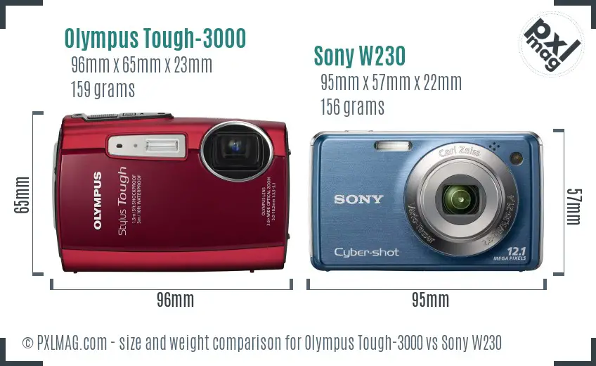 Olympus Tough-3000 vs Sony W230 size comparison