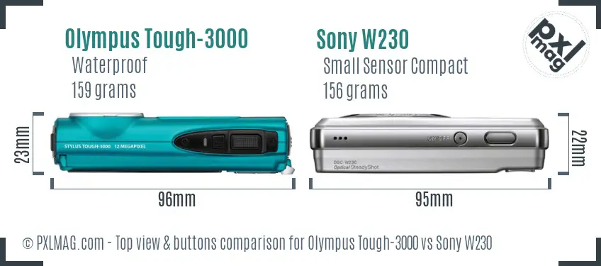 Olympus Tough-3000 vs Sony W230 top view buttons comparison