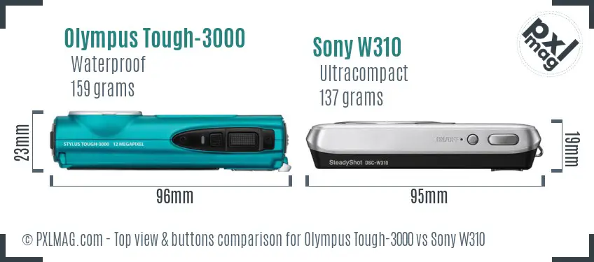 Olympus Tough-3000 vs Sony W310 top view buttons comparison