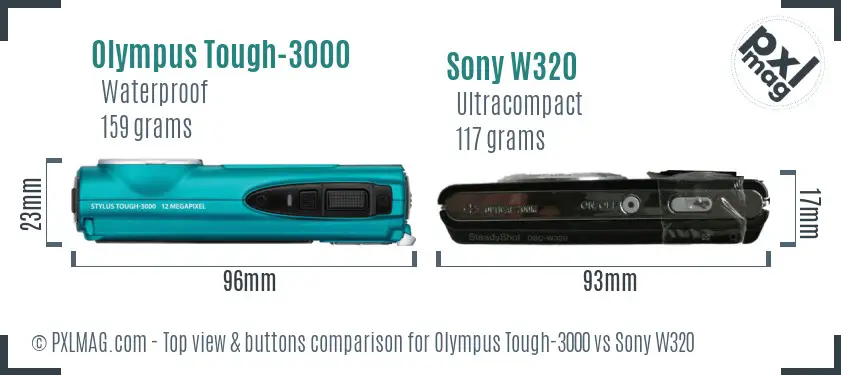Olympus Tough-3000 vs Sony W320 top view buttons comparison