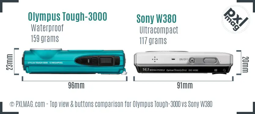 Olympus Tough-3000 vs Sony W380 top view buttons comparison