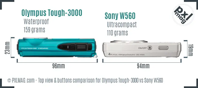 Olympus Tough-3000 vs Sony W560 top view buttons comparison