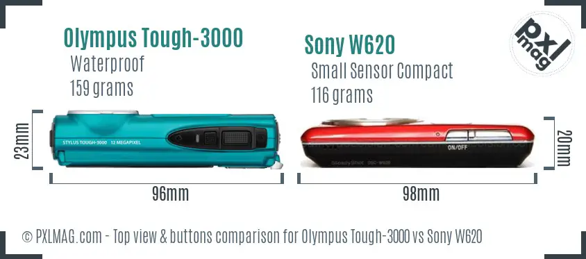 Olympus Tough-3000 vs Sony W620 top view buttons comparison