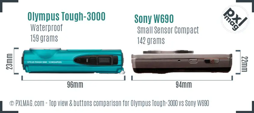 Olympus Tough-3000 vs Sony W690 top view buttons comparison