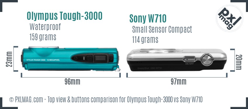 Olympus Tough-3000 vs Sony W710 top view buttons comparison