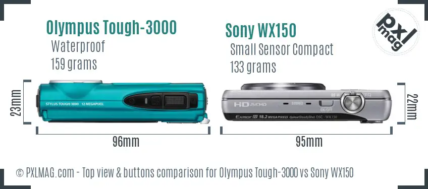 Olympus Tough-3000 vs Sony WX150 top view buttons comparison