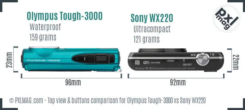 Olympus Tough-3000 vs Sony WX220 top view buttons comparison