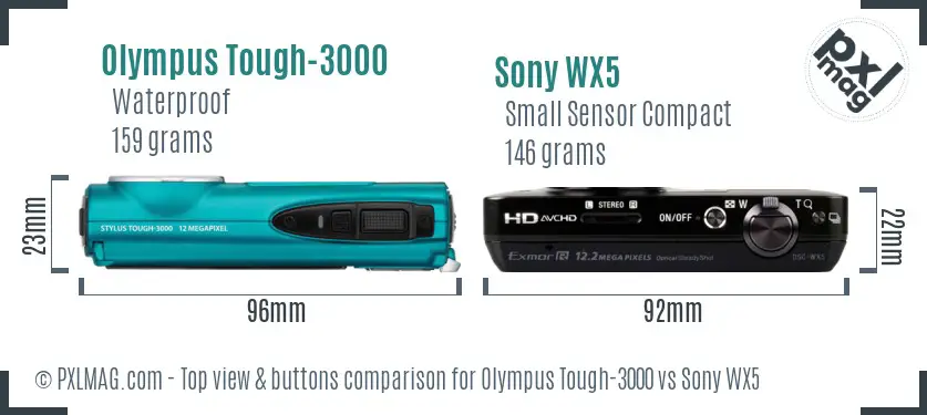 Olympus Tough-3000 vs Sony WX5 top view buttons comparison