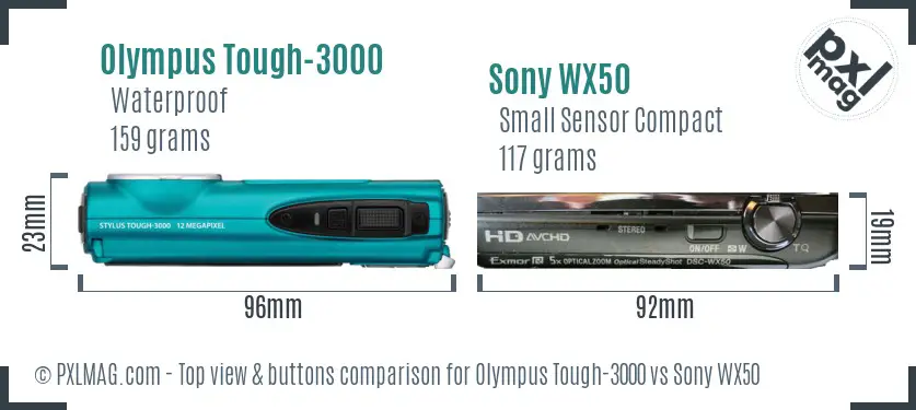 Olympus Tough-3000 vs Sony WX50 top view buttons comparison