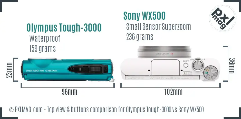 Olympus Tough-3000 vs Sony WX500 top view buttons comparison