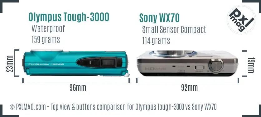 Olympus Tough-3000 vs Sony WX70 top view buttons comparison