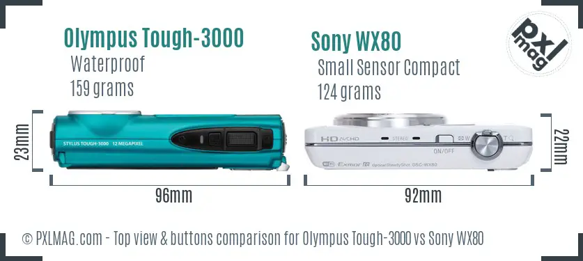 Olympus Tough-3000 vs Sony WX80 top view buttons comparison