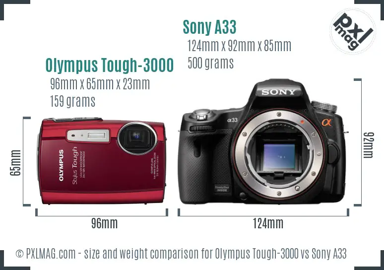 Olympus Tough-3000 vs Sony A33 size comparison