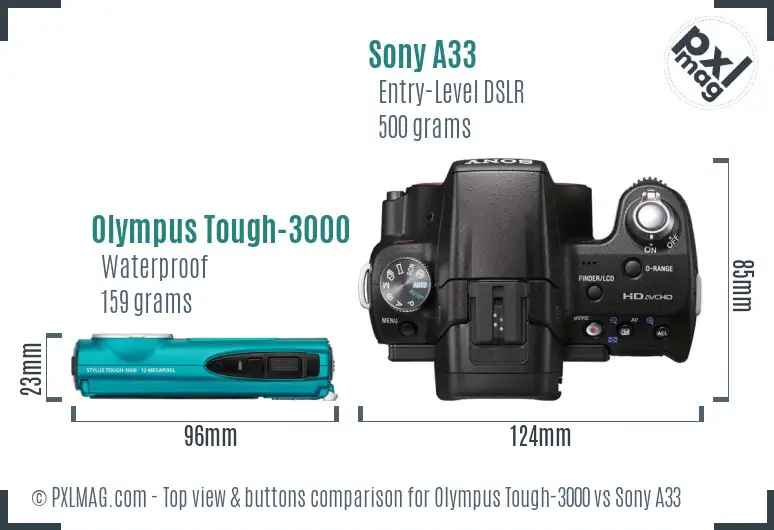 Olympus Tough-3000 vs Sony A33 top view buttons comparison