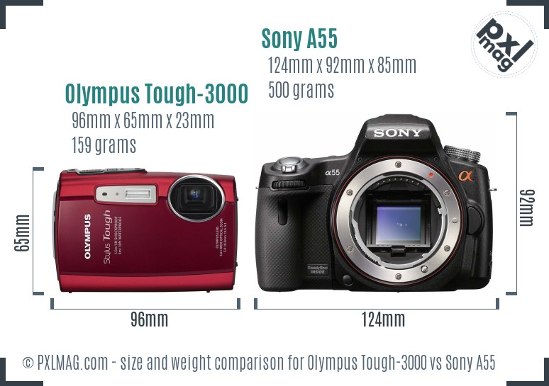 Olympus Tough-3000 vs Sony A55 size comparison