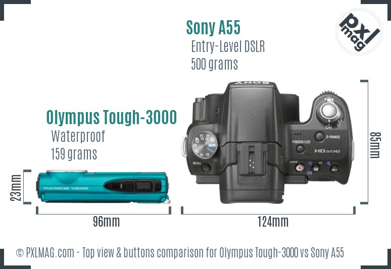 Olympus Tough-3000 vs Sony A55 top view buttons comparison