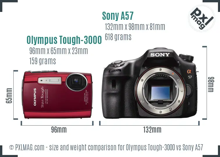 Olympus Tough-3000 vs Sony A57 size comparison