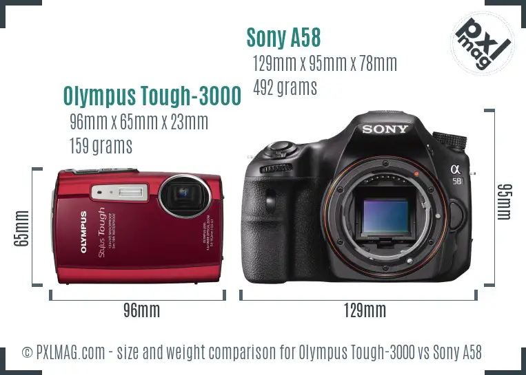 Olympus Tough-3000 vs Sony A58 size comparison