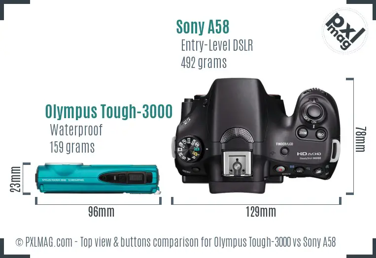 Olympus Tough-3000 vs Sony A58 top view buttons comparison