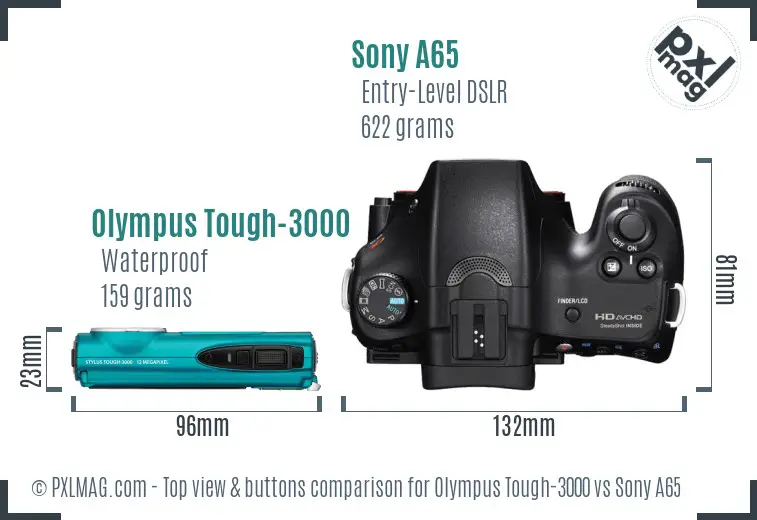 Olympus Tough-3000 vs Sony A65 top view buttons comparison