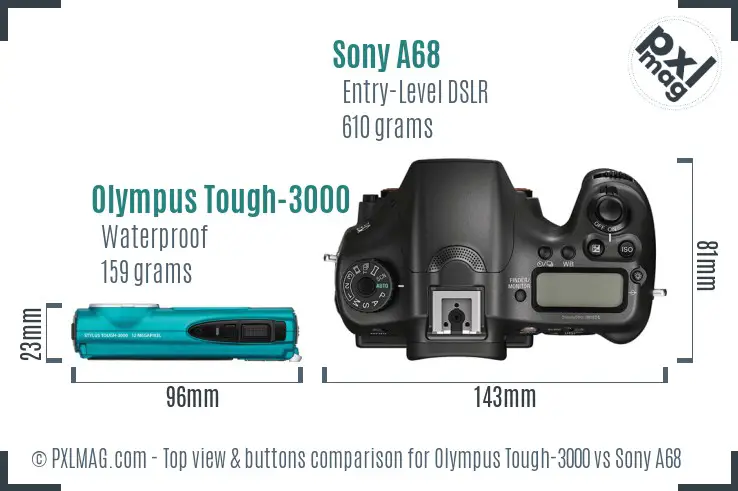 Olympus Tough-3000 vs Sony A68 top view buttons comparison