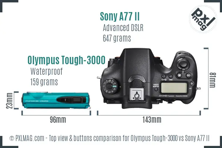 Olympus Tough-3000 vs Sony A77 II top view buttons comparison