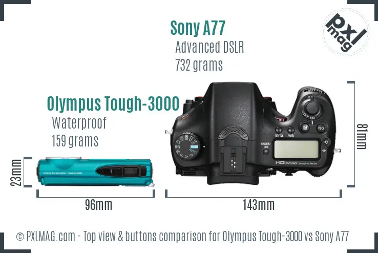 Olympus Tough-3000 vs Sony A77 top view buttons comparison