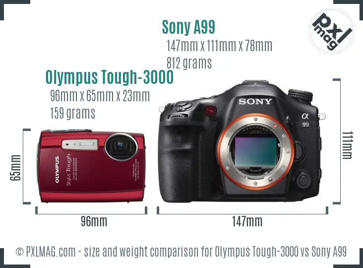 Olympus Tough-3000 vs Sony A99 size comparison
