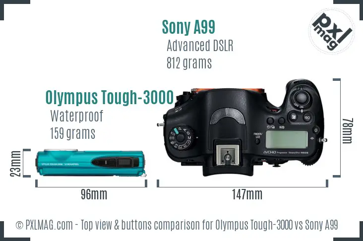 Olympus Tough-3000 vs Sony A99 top view buttons comparison
