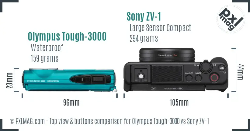 Olympus Tough-3000 vs Sony ZV-1 top view buttons comparison