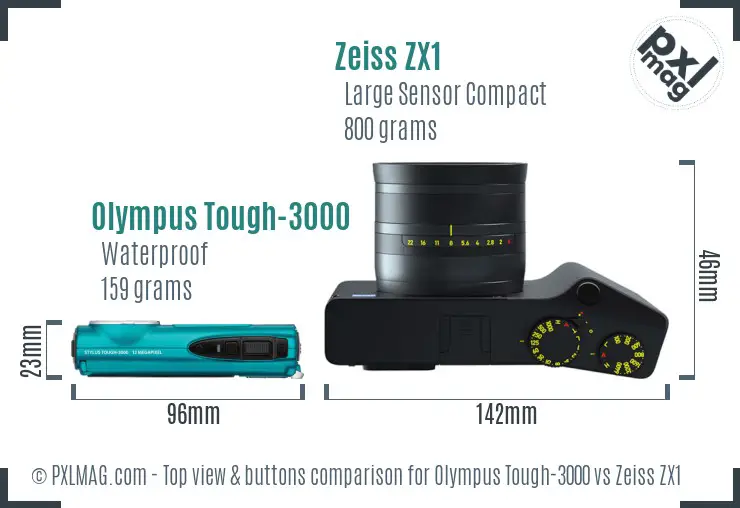 Olympus Tough-3000 vs Zeiss ZX1 top view buttons comparison