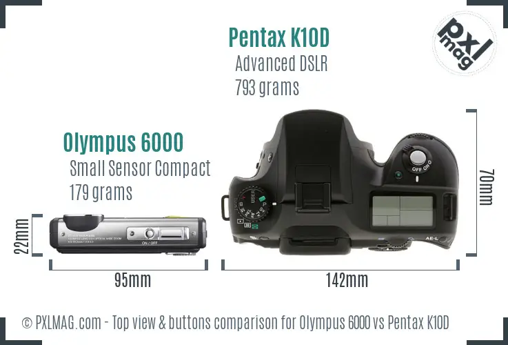 Olympus 6000 vs Pentax K10D top view buttons comparison