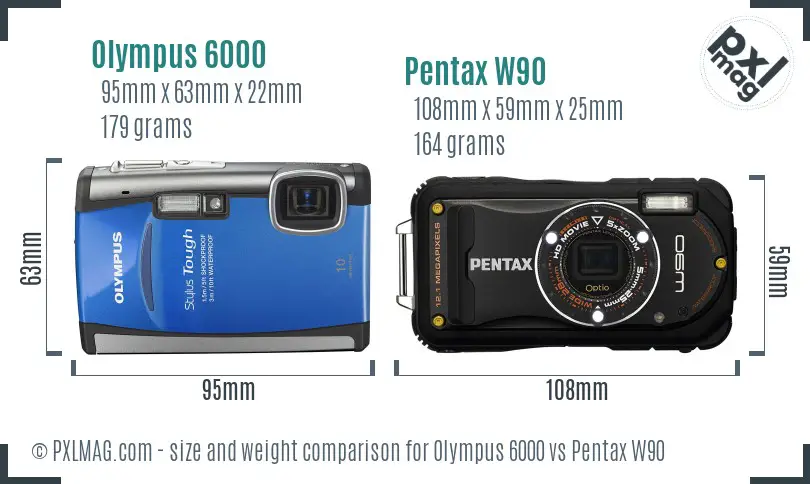 Olympus 6000 vs Pentax W90 size comparison