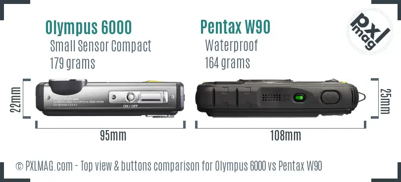 Olympus 6000 vs Pentax W90 top view buttons comparison