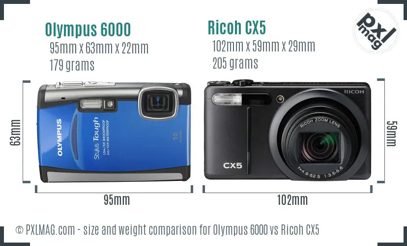 Olympus 6000 vs Ricoh CX5 size comparison