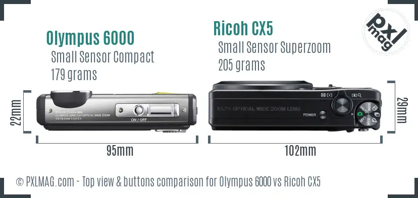 Olympus 6000 vs Ricoh CX5 top view buttons comparison