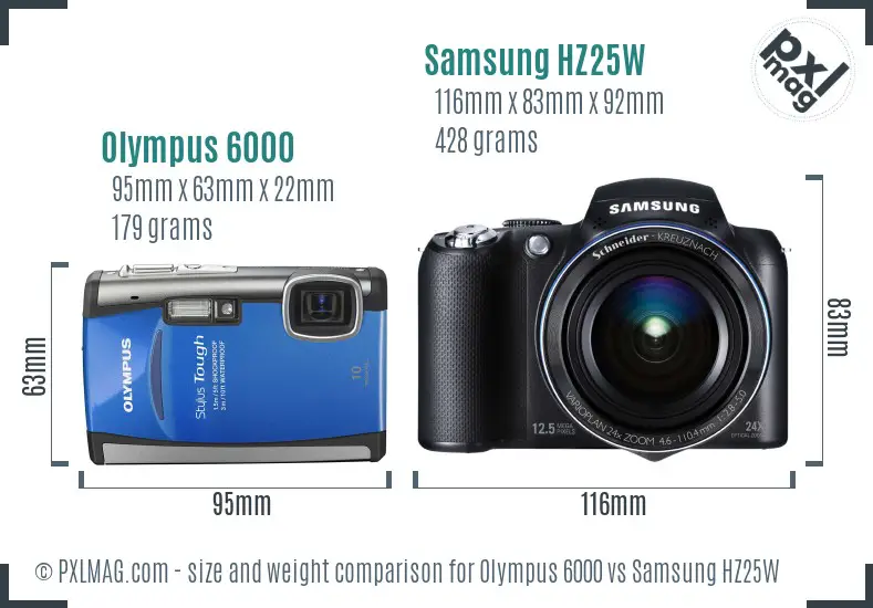 Olympus 6000 vs Samsung HZ25W size comparison