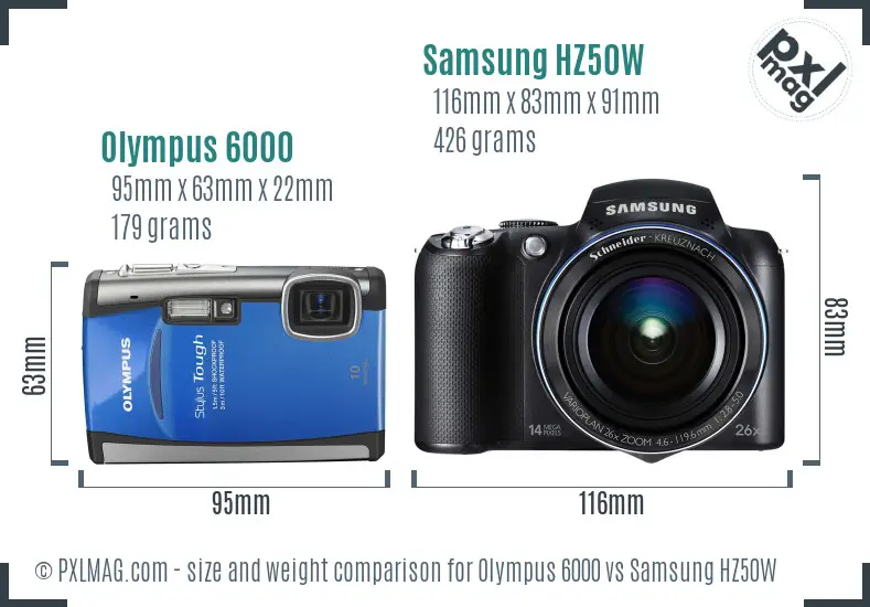 Olympus 6000 vs Samsung HZ50W size comparison
